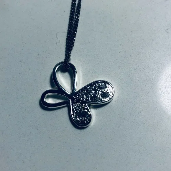 Silver Butterfly Rhinestone Necklace - Picture 4 of 7